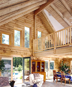 eastern white pine log home great room